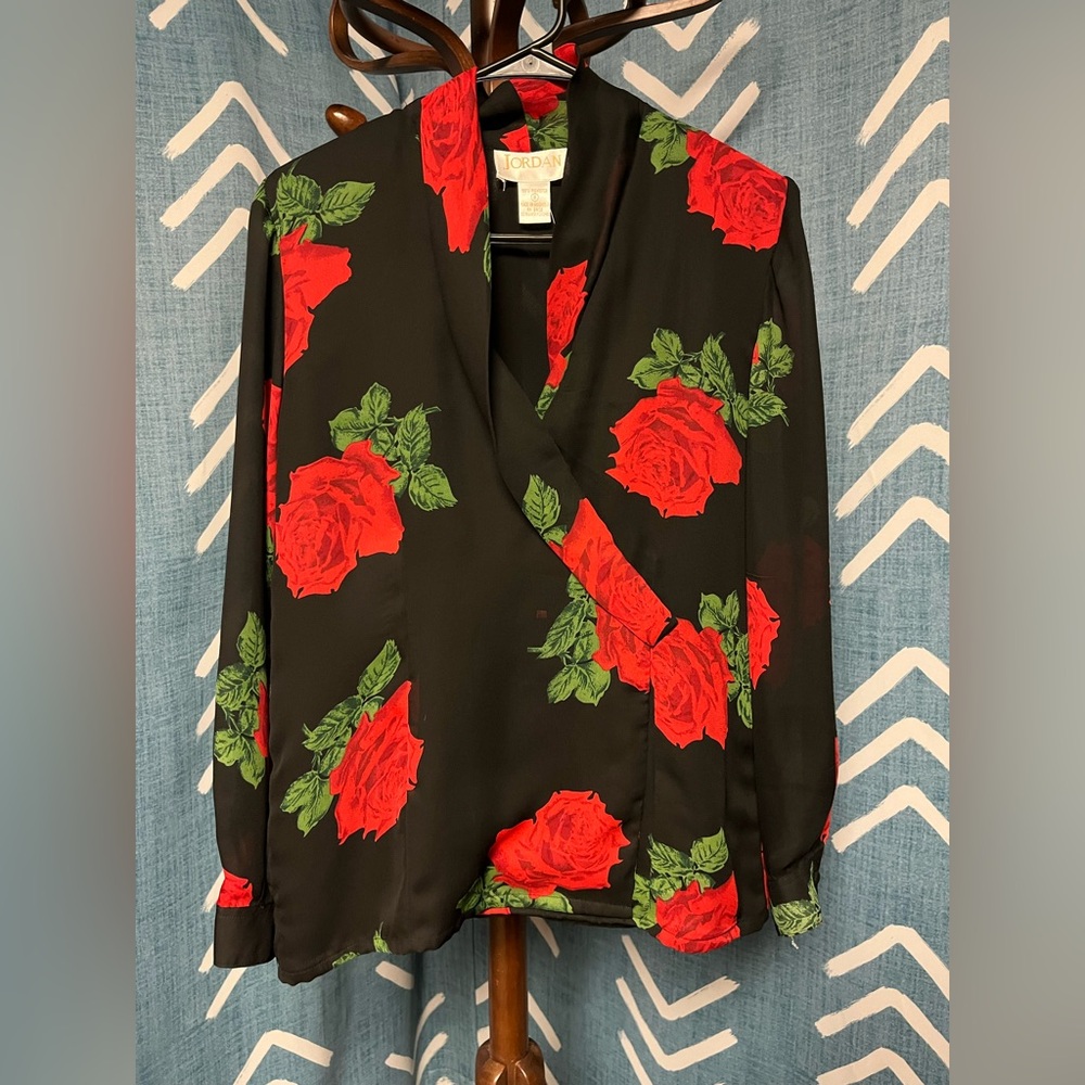 Vintage Jordan Floral Black and Red Wrap Blouse